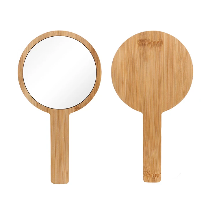wholesale custom portable small round handheld makeup mirror bamboo framed hand cosmetic mirror with private label for travel