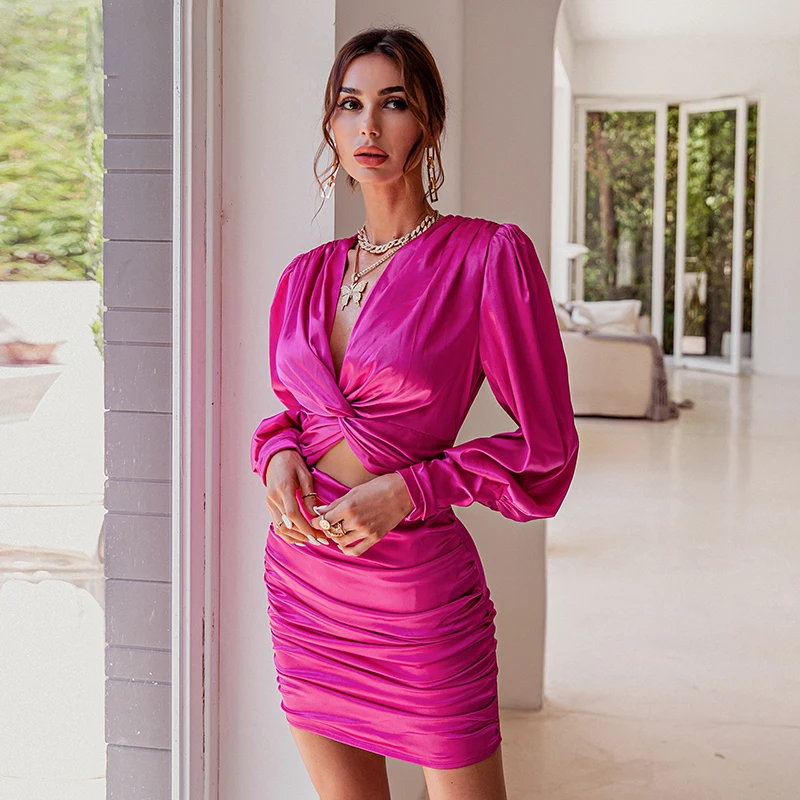 Fall  Deep V-Neck Puff long Sleeve Nightclub Women Dress
