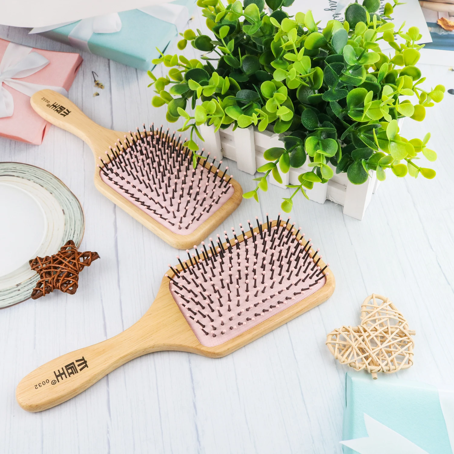Professional Custom Logo Natural Comb Home Anti Static Bamboo Beach Wooden Large Rectanglge Paddle Hair Brushes and Combs Set