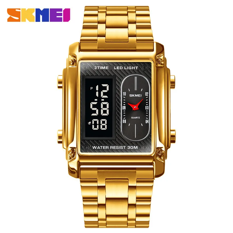 Promotion Skmei Rose Gold Rectangle Display Sunday Date Double Split Screen Stripe Digital Sports Watch Personalized Trend