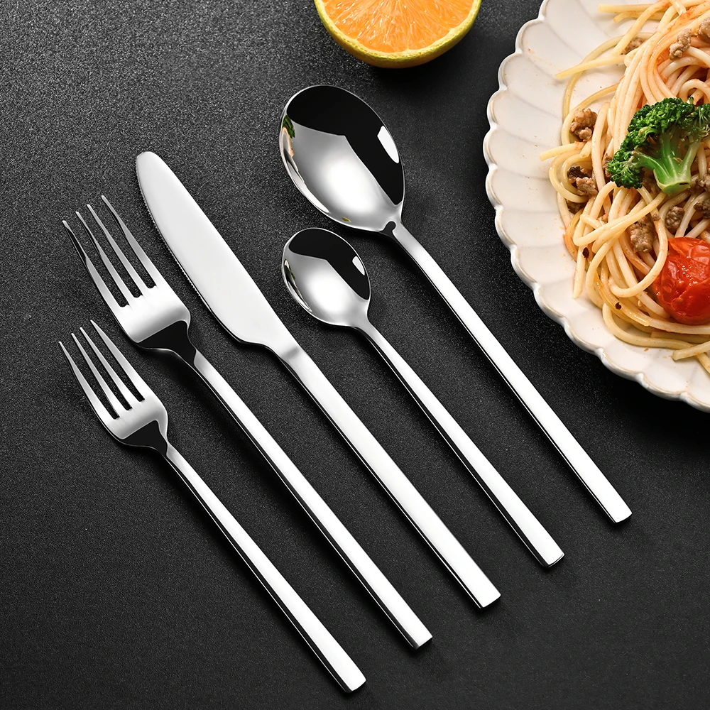 QZQ Metal Wedding Silverware Silver Cutlery High Quality Besteck Stainless Steel Square Handle Spoon And Fork Set Flatware Set