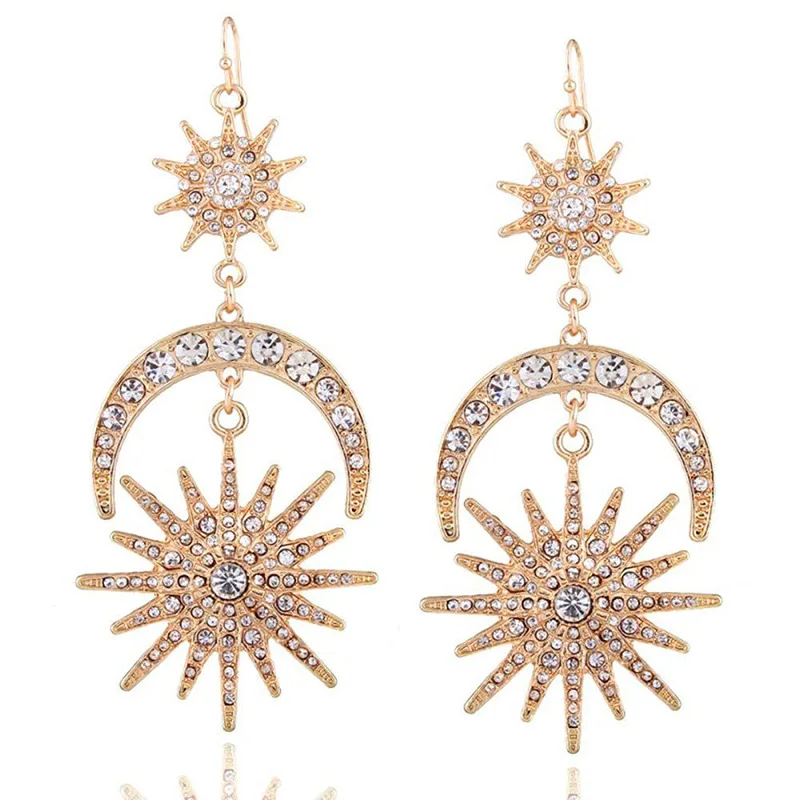 Luxury Baroque Wedding Bridal Headpiece Tiara Crown Exaggerated Sun Moon Star Goddess Rhinestone Headband Drop Earrings Set
