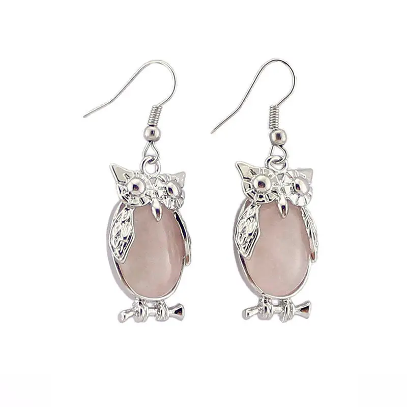 Natural Stone Mini Owl Creative European and American Fashion Personality Jewelry Reiki Healing Crystal Earrings