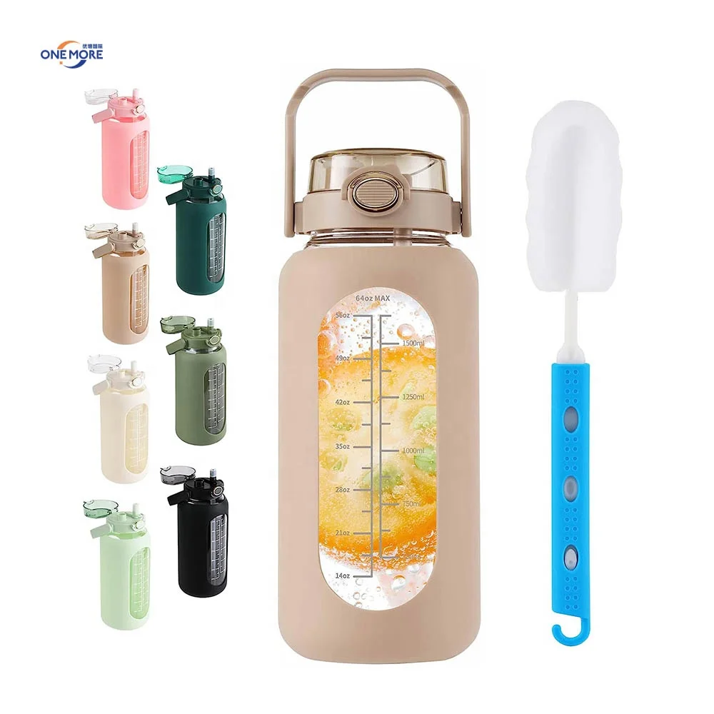 64oz Glass Water Bottle Large Durable Sports Water Jug with Straw Lid and Carry Handle for Gym Home Workout