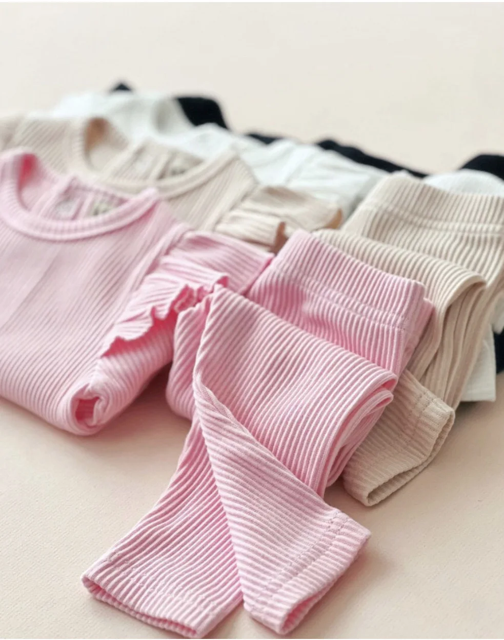 Autumn and winter baby pit strip cotton set solid color flying sleeve home pajamas