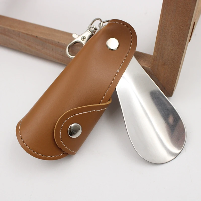 In Stock PU Leather Shoehorn Portable Shoe Horn Keychain Metal Shoe Lifter
