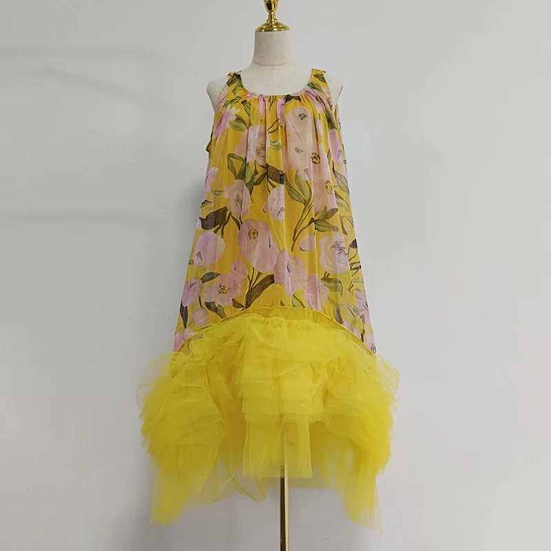 TWOTWINSTYLE Floral Printing Casual Clothing Dresses Sleeveless High Wast Patchwork Tierred Dresses Women