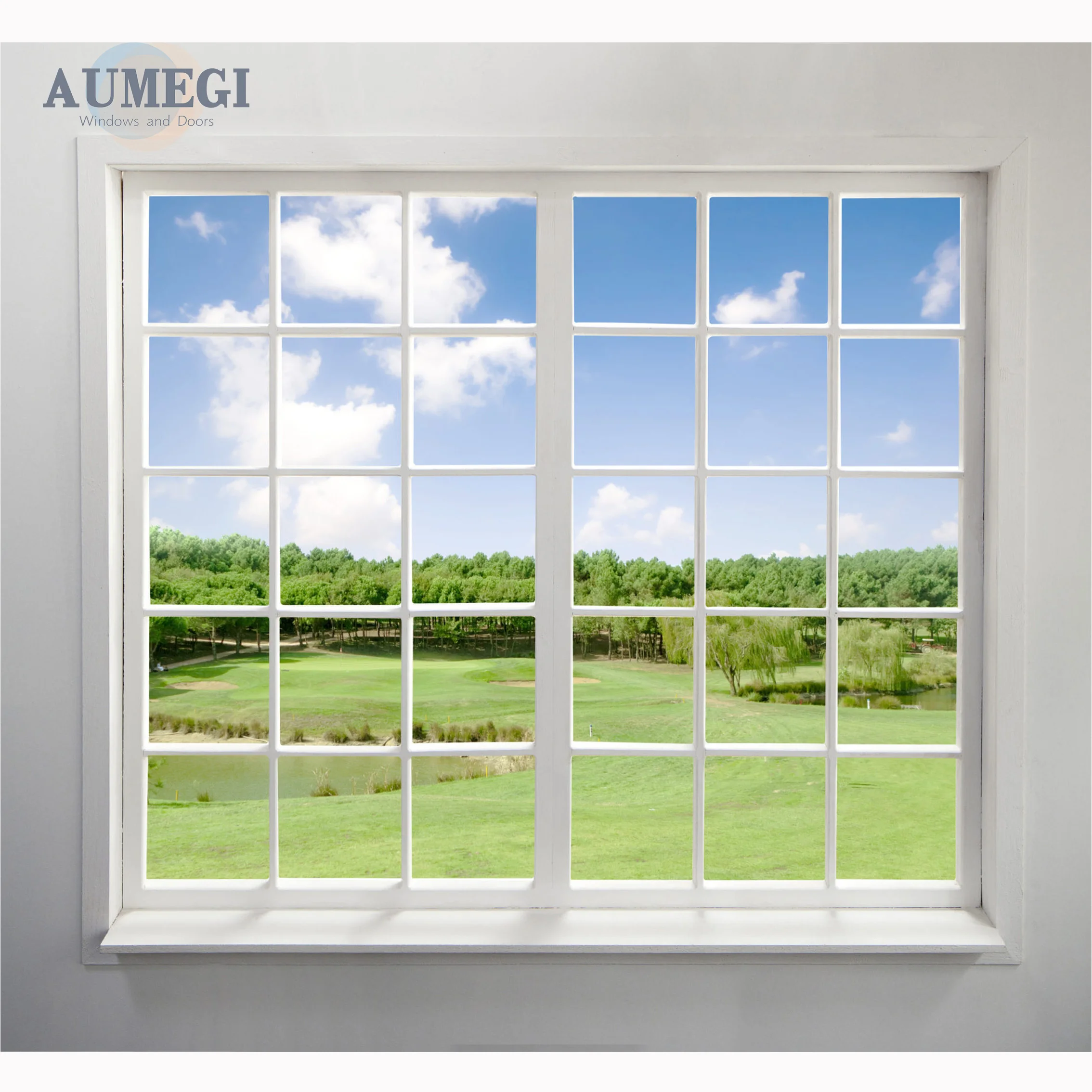 Aumegi French Aluminium Double Glazed Windows Fixed Large Glass Picture Window Villa