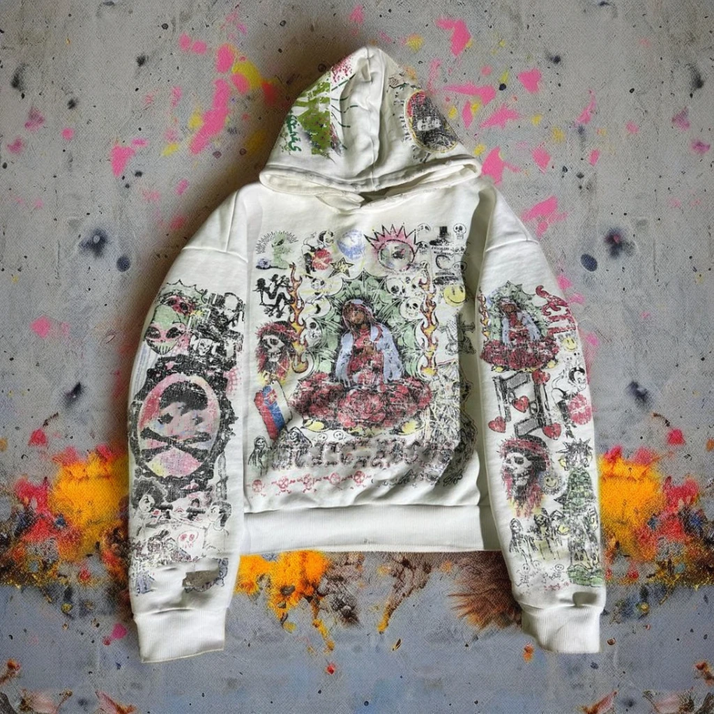 Hip hop custom dtg all over printed heavyweight french terry fleece knitted hoody boxy cropped graphic hoodie for men
