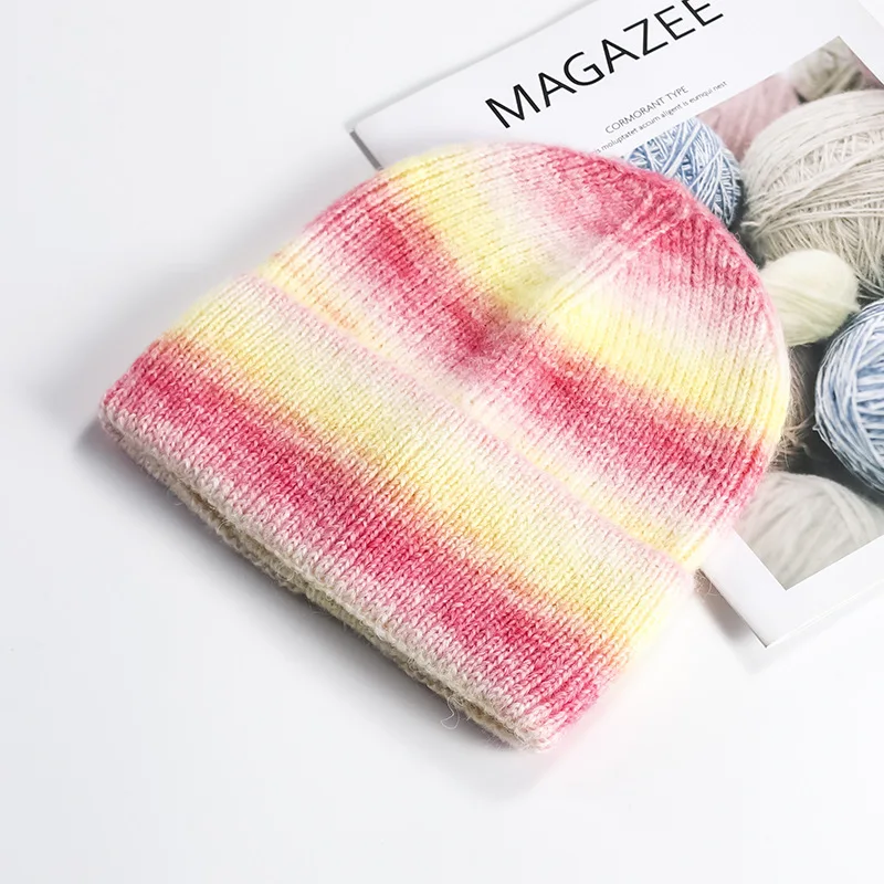Gradient color knitting beanies, colorful beanies tie dye blank beanies with custom label tag