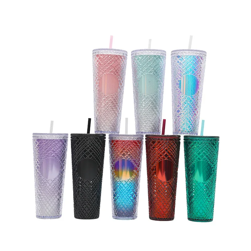 Hot Selling Double-Deck Straw Plastic Cup Universal Portable Irregular Gem Straw Cup