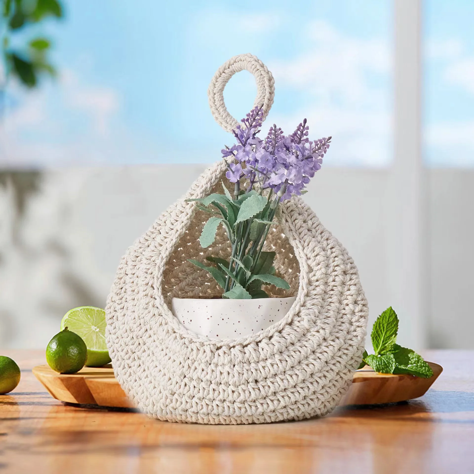 Vegetable and Fruit Storage Basket Teardrop Mesh Pocket Cotton Rope Hand-Woven Wall Hanging