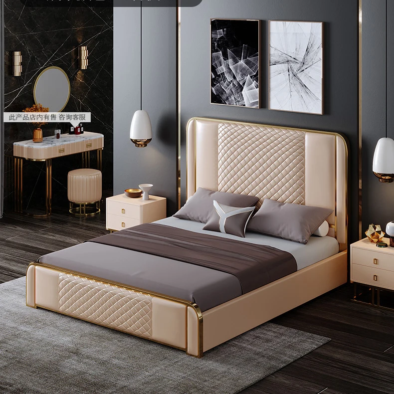 Luxury Modern High quality leather bed set with Metal frame for bedroom furniture