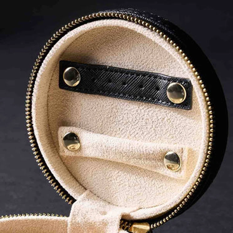 Women Storage Jewelry Box PU Round Travel Jewelry Case Small Leather Rings Studs Jewelry Case with Pouch inside