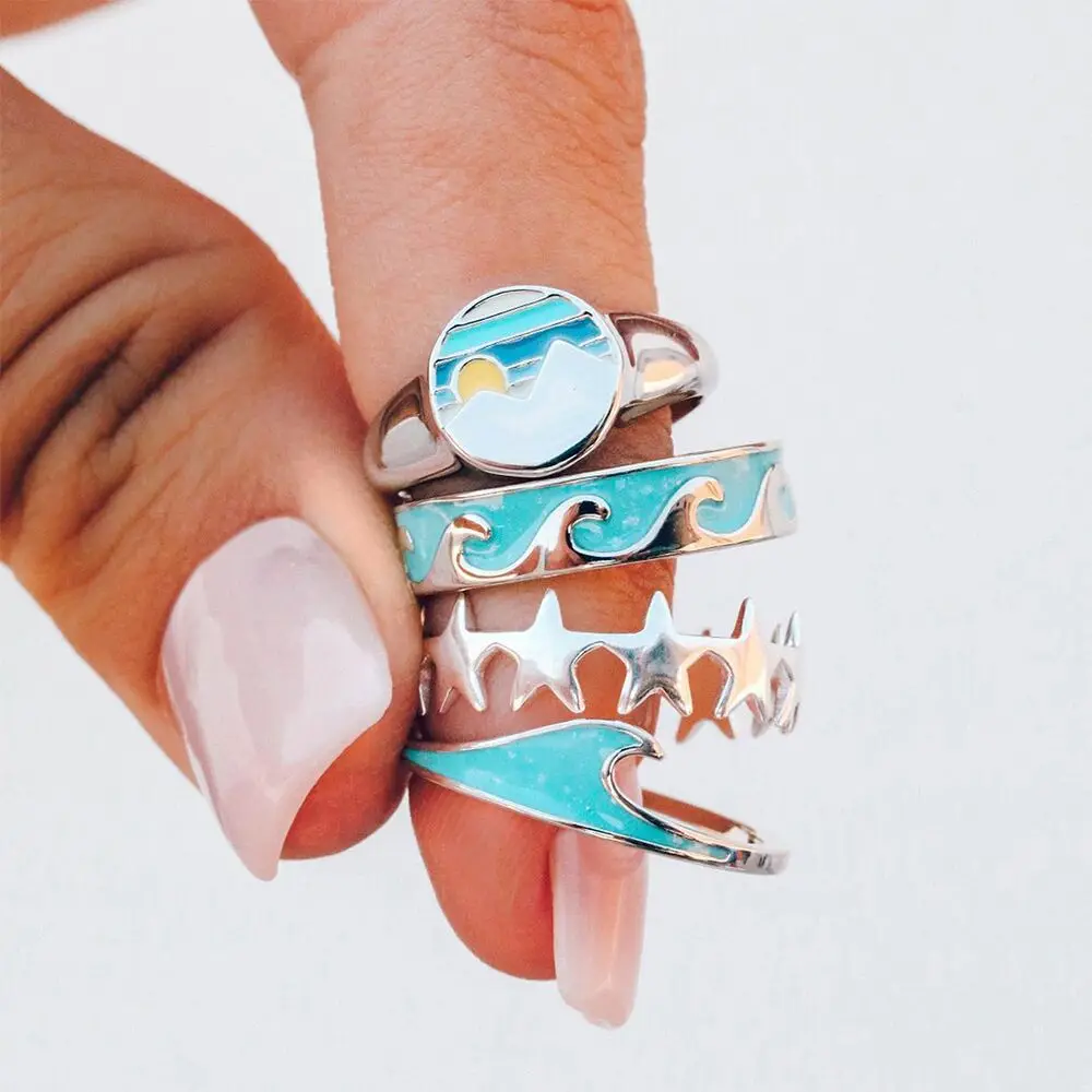 Creative Design Silver Free Size Finger Rings Cute Sky Blue Enamel Ocean Sea Wave  Rings Set For Women