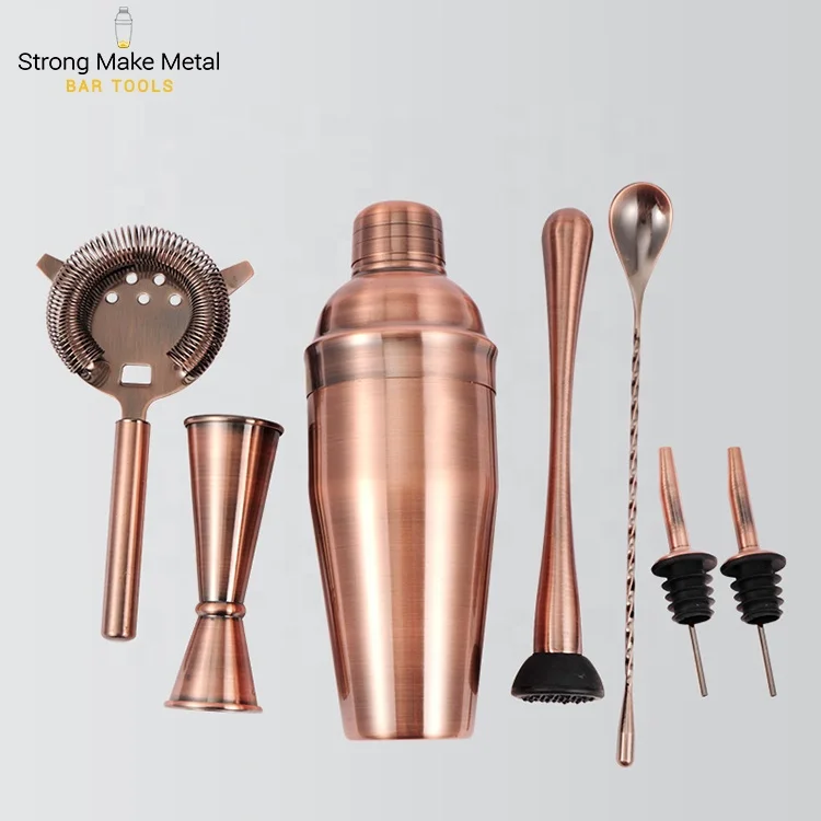 Professional Barware Tools Wooden Stand Brass Copper Bar Accessories Stainless Steel Bartender Kit Jigger Cocktail Shaker Set