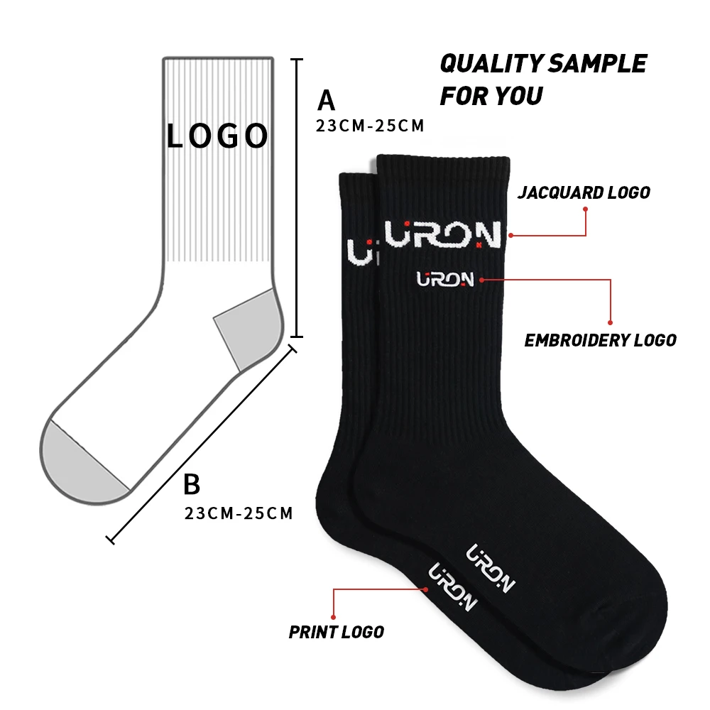 Uron quality sample embroidery socks custom socks logo custom crew socks with logo calcetines sokken