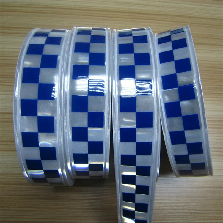 Custom Glow in the Dark Sew on Warning Polyester Blue White Reflective Checker Tape