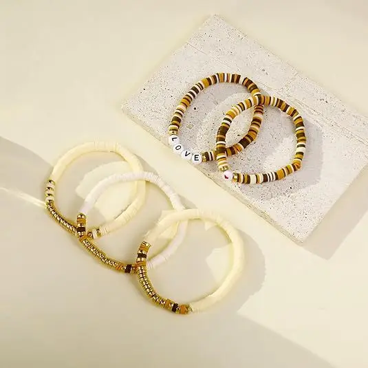 Girls Stackable Layered Pinky Surf Clay Beaded Stretch Bracelet set couple bracelet long-distance touch love