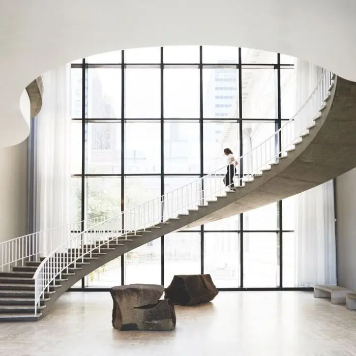 High Quality Modern Indoor Curved Staircase Interior ceramic stair step curved Stairs with Glass Railing stairs for small houses