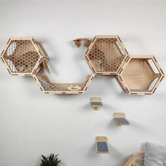 Hot Sale Durable Practical Solid Wood Hexagon Shelves Cat Tree Modern Cat Wall Furniture Cat Climbing Wall