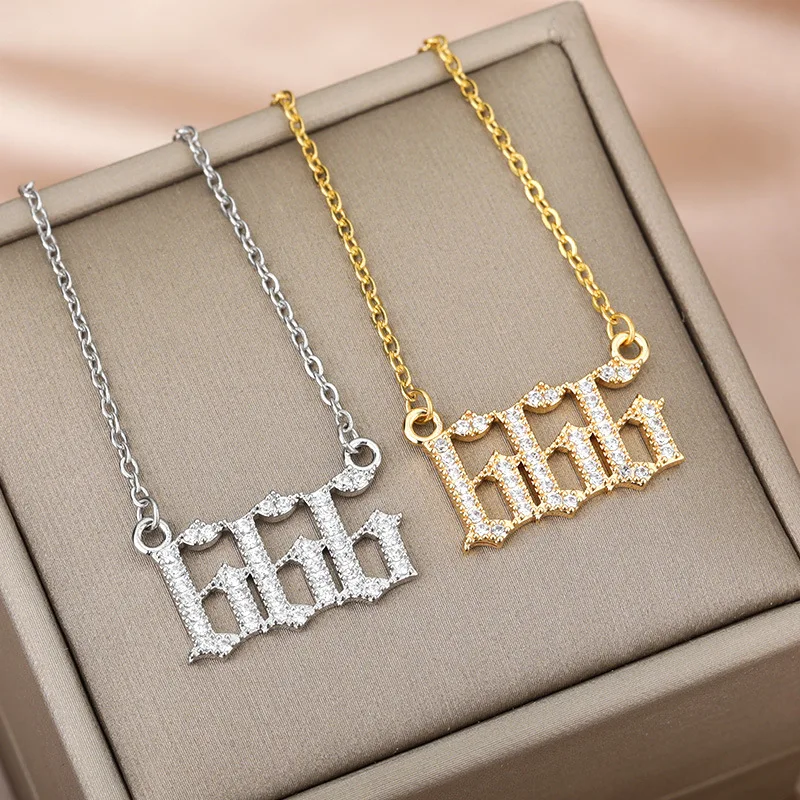 18K Gold Plated Crystal Rhinestone CZ 111~999 Angel Number Pendant stainless steel chain necklace Jewelry