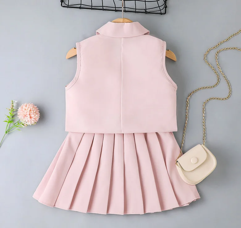 Wholesale 3pcs/set Baby Clothing Wear Summer Solid Vest Coat + Suspender + Pleated Skirt For Girls Baby Kids Clothes