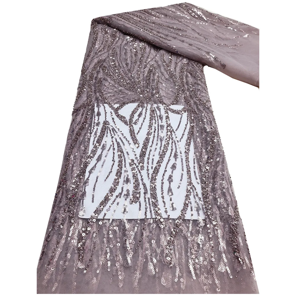 African Lace Fabric Evening Bead Fabric Lentejuelas de encaje de TUL bordadas Wedding Dress Purple Lavender Color Lace