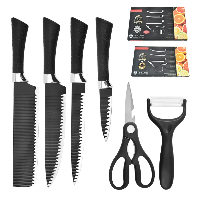 Black wave pattern six-piece suit stainless steel cutter set horseshoe handle kitchen knife business gift box knife set