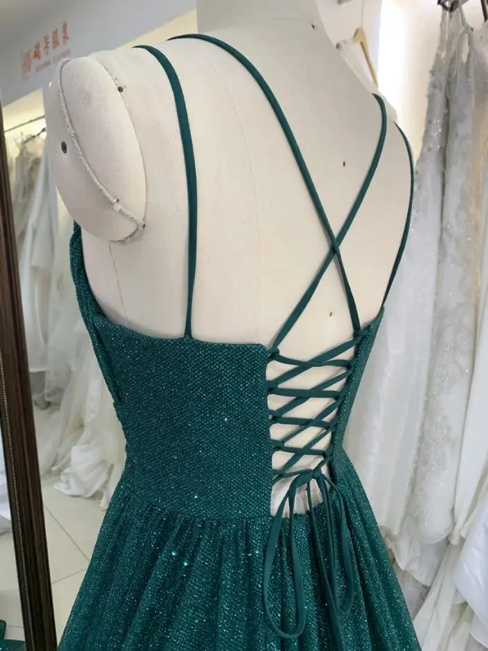 Emerald green sleeveless glitter tulle hand pleated deep V neck A line lace up back prom dresses 2023