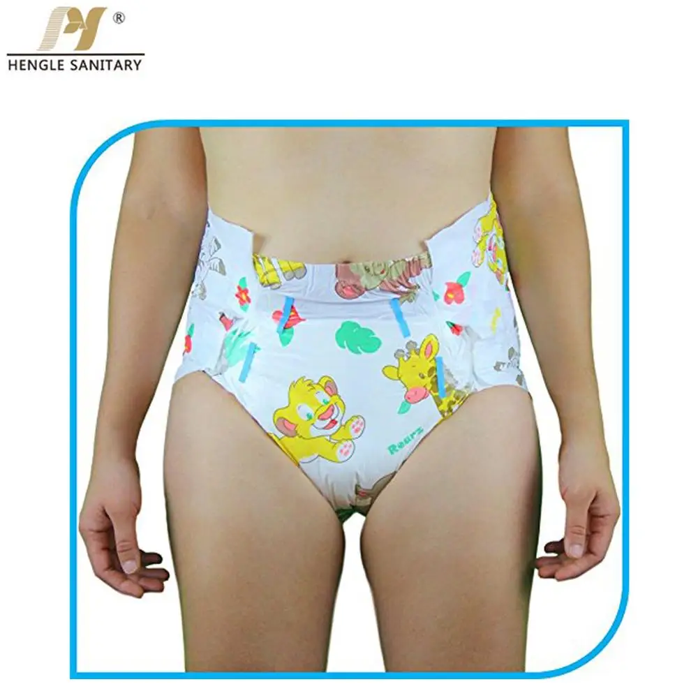 Wholesale disposable high water absorbent animal cartoon printed PE film cheap adult diapers provide free samples for hospitals