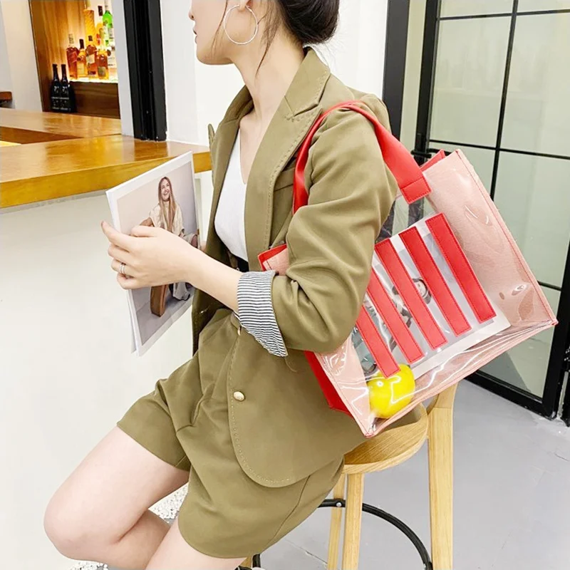 2022 Customize Hote Sale Customized Promotional PVC Clear Transparent Casual Women Shopping Tote Bag Beach Waterproof Handle Bag