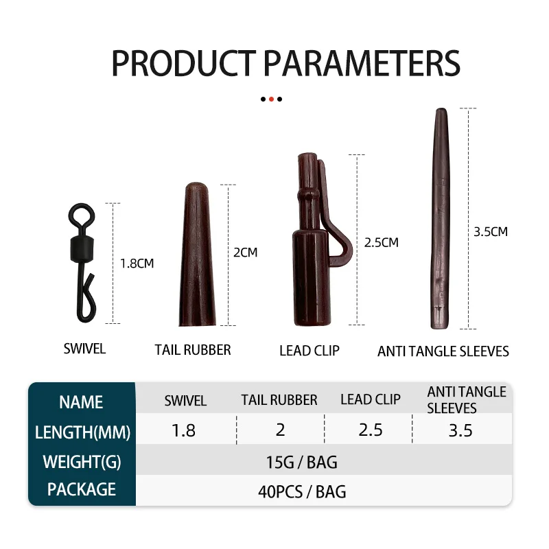 40pcs Quick Change Swivels Rig Tube Anti Tangle Sleeves Tail Rubbers Safety Lead Clips Carp Fishing Accessories Set