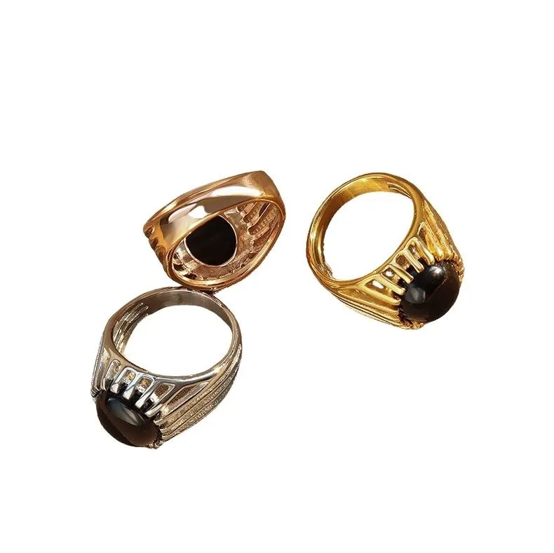 
New Design 18k Gold Plated Stainless Steel Black Opal Rings With Heavy Industry Style 