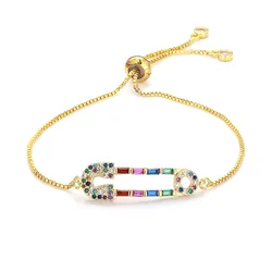 Newest Design 18k Gold Plated Colorful Zirconia Safety Pin Bracelets Multi Color Crystal Rhinestone Clip Bracelets