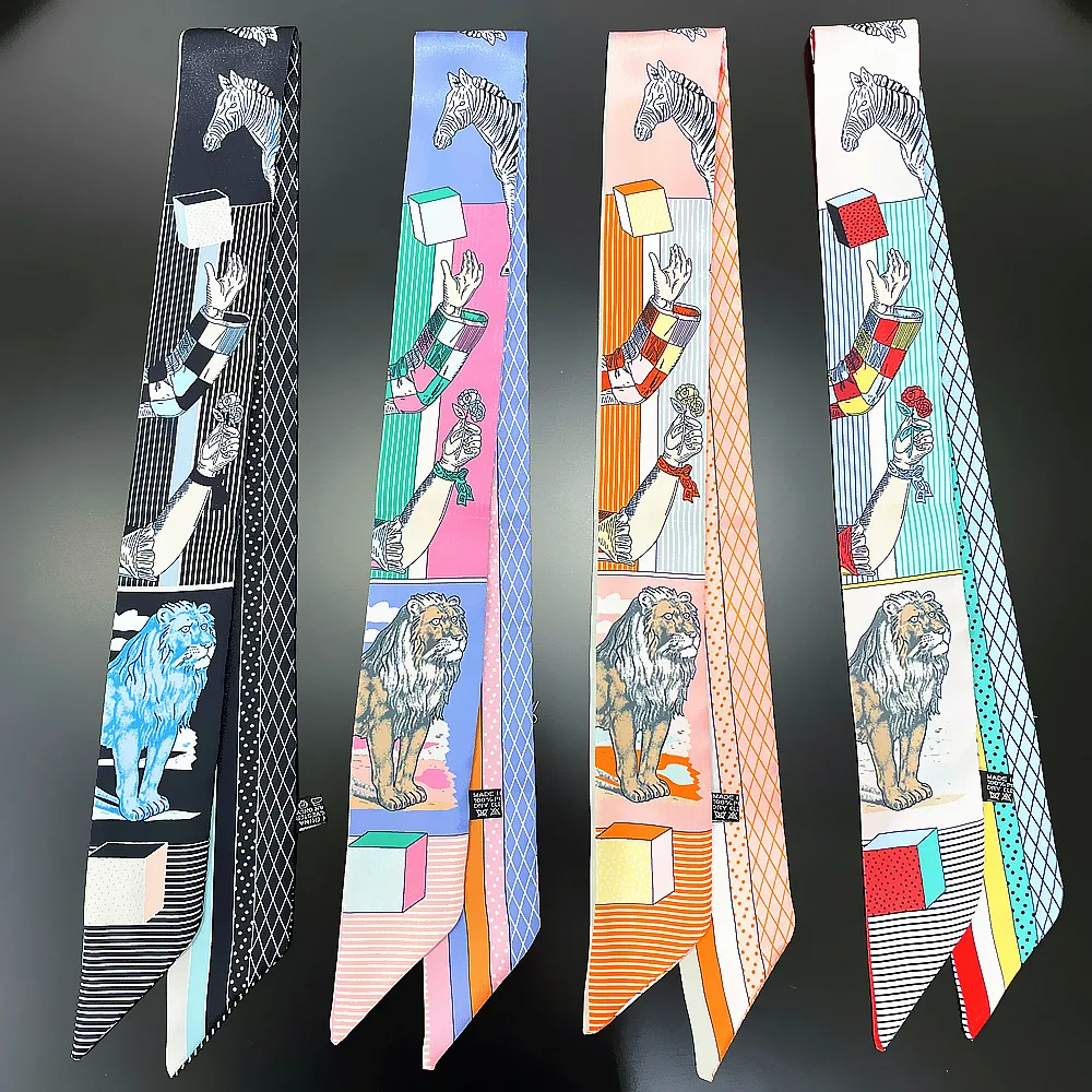 Luxury Brand Zebra Lion Printed Silk Scarf Women 90cm*5cm Silk Scarf Headband Small Twill Silk Long Scarves Bag Ribbon