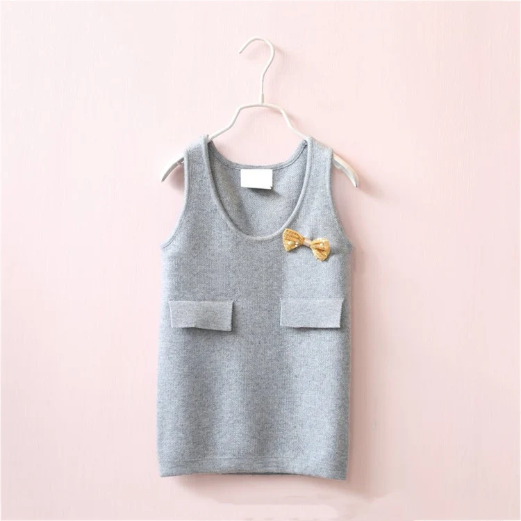 Custom knitted cotton sleeveless casual kids baby girls sweater dress with bow and pockets