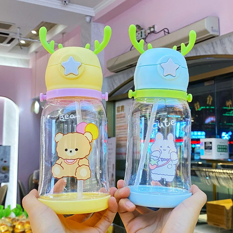 600ml Antler Cup Cute Sports Outdoor Strap Water Bottle Plastic Children Straw Water Cup