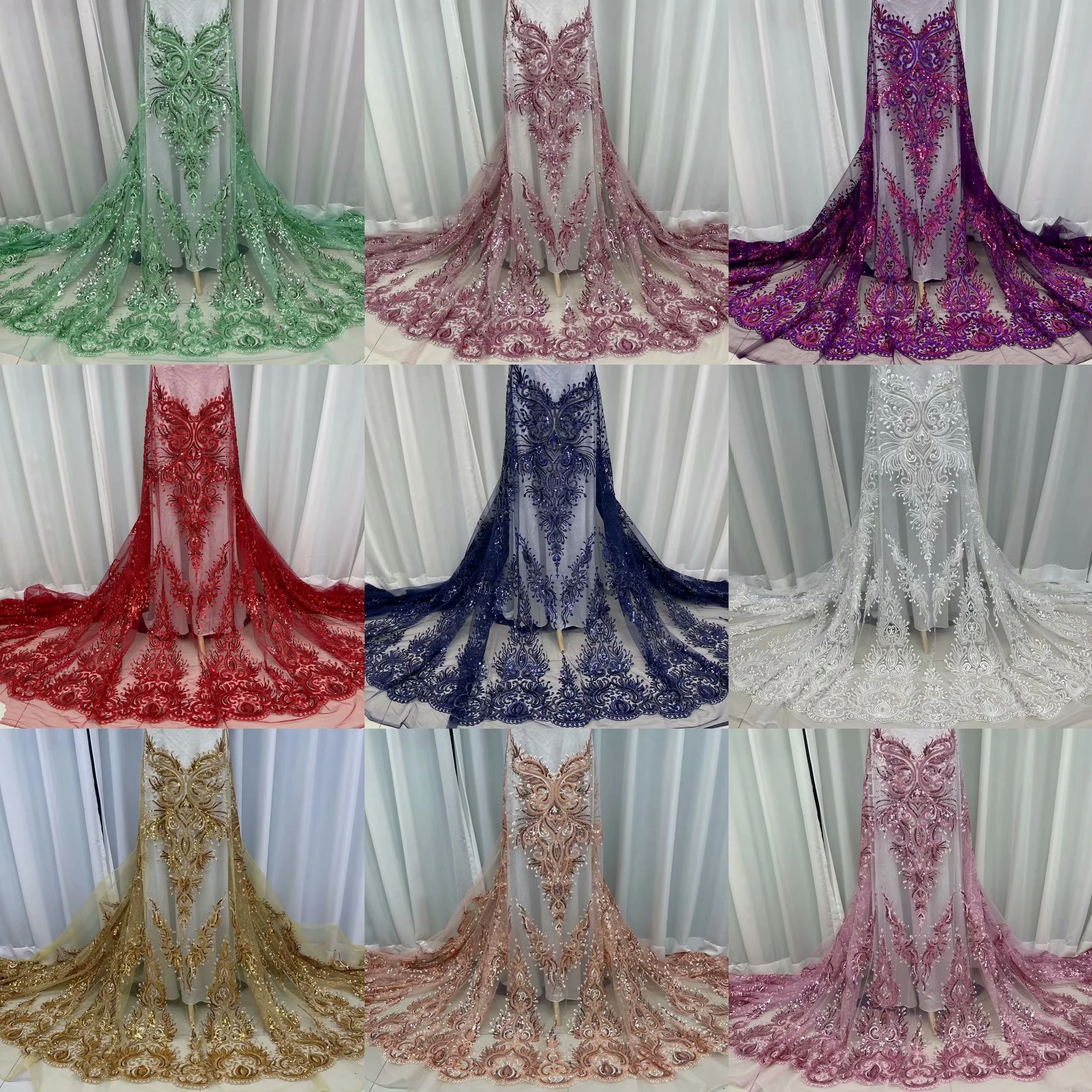 New luxuriant style chic machine beaded embroidered lace fabric with sequins and pearls for bridal dress