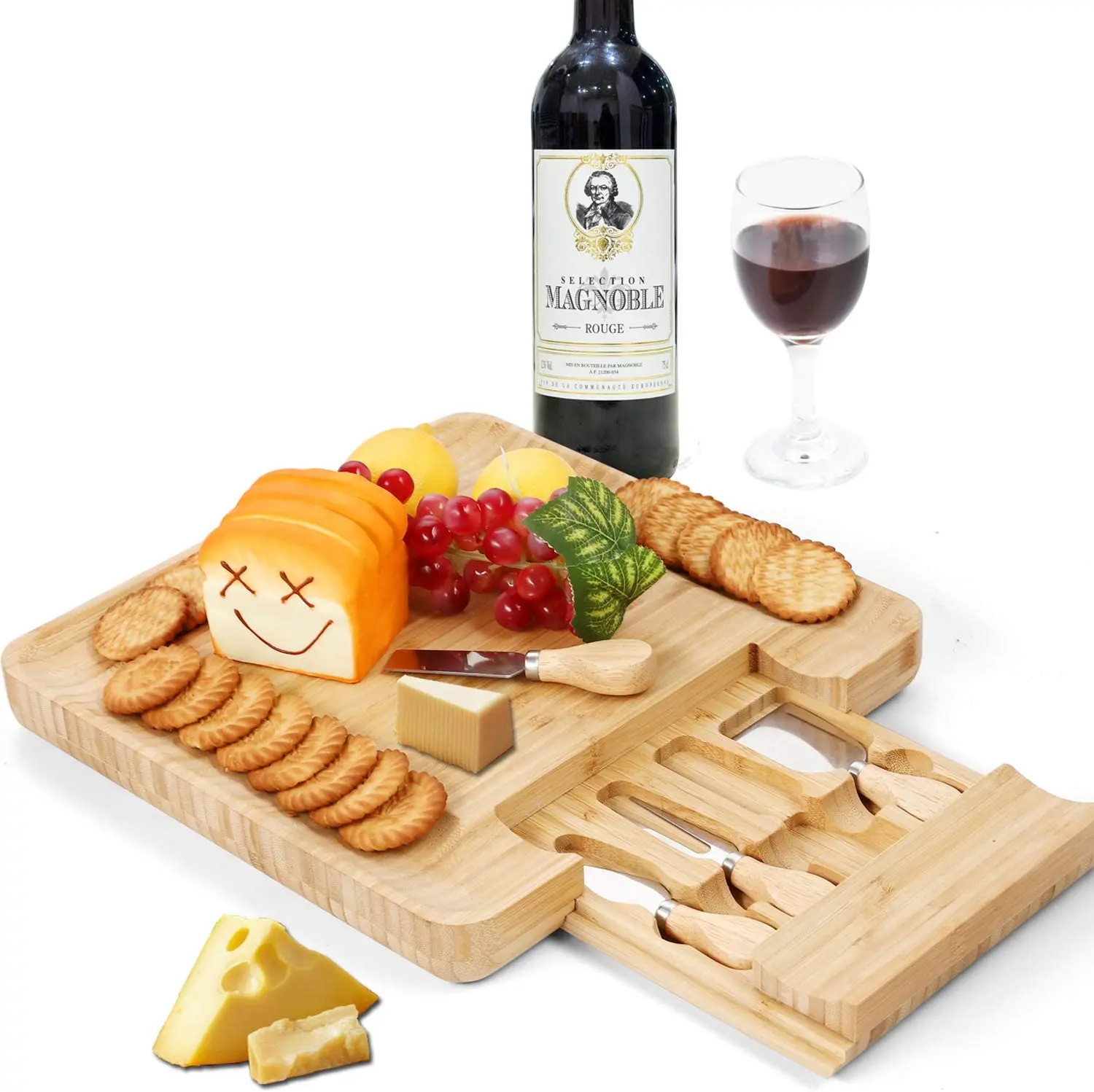 Eco Natural Bamboo Cheese Dishes & Plates Hidden Drawer Wooden Food Serving Tray.