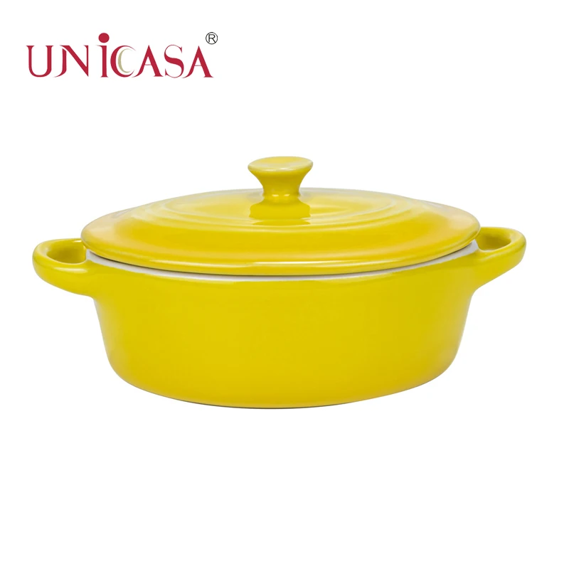 Ceramic Casserole Dish with Lid, Stoneware Covered Rectangle Casserole Ceramic Casserole Pan for Bakeware Oven, Yellow