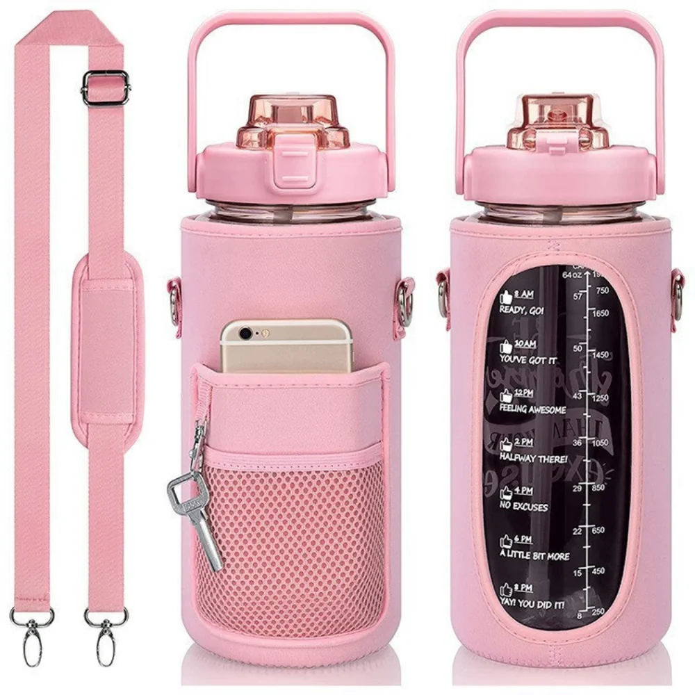 Полгаллон бутылка для воды с рукавом BPA бесплатно большая бутылка для воды 64 унции с соломой и маркером времени герметичный Большой Мотивационный