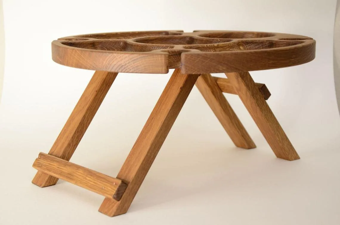 Modern Design Soli Oak Wood Portable Folding Picnic Table for Outdoor and Kitchen Use with Glass Holder