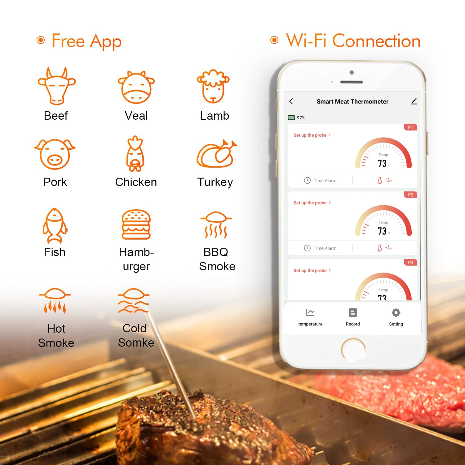 Wi-Fi плюс синий зуб версия 4 зондов беспроводной цифровой термометр для мяса с приложением tuya барбекю