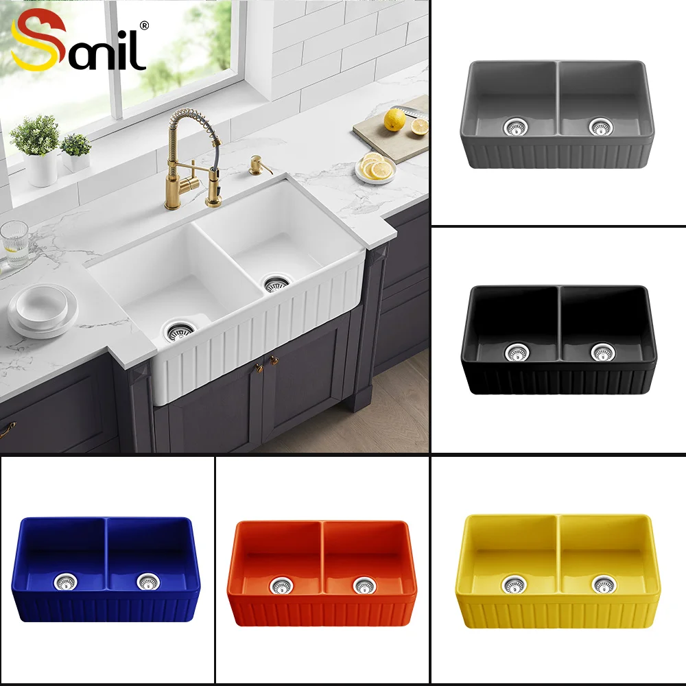 ODM & OEM 33-дюймовый белый прямоугольный передний фартук двойная чаша кухонная