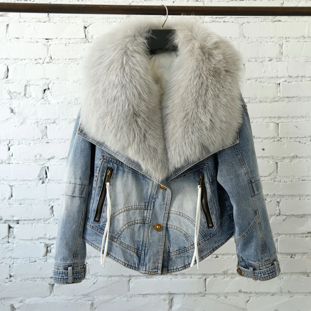 Wholesale Blue Denim Women Big Fox Fur Collar Jacket Women Winter Goose Down Coat Fur Coat