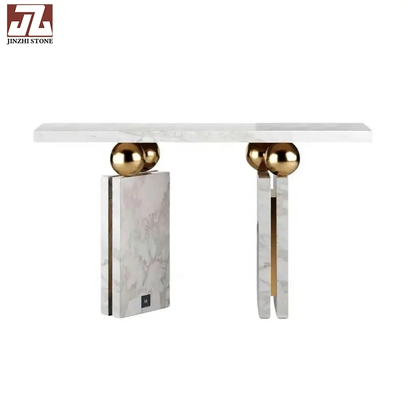 Calacatta White Console Marble Table Top With Golden Table Legs Casual  Table Fashion  Bench Handcrafted in Travertine
