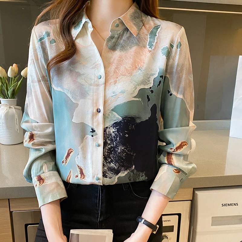 Spring Autumn Fashion Mulberry Silk Polo Gradient Ramp Long Sleeve Blouse Shirt Women Chic Contrast Color Work Shirts Ladies