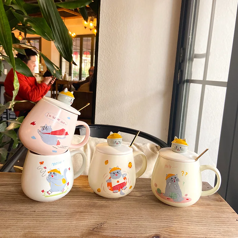 Cartoon creative cute cat ceramic cup with lid spoon office coffee mug male and female student couple cup