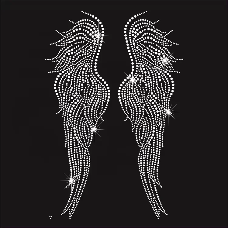Wholesale High Quality Crystal Bling Rhinestone Transfer Iron-On Angel Wings for Shirt and Hoodie Decoration